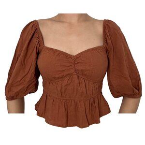 Women's Puff Elbow Sleeve Linen Shirt - A New Day Brown S